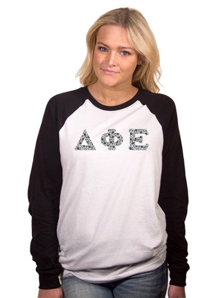 Delta Phi Epsilon Long Sleeve Baseball Shirt with Sewn-On Letters